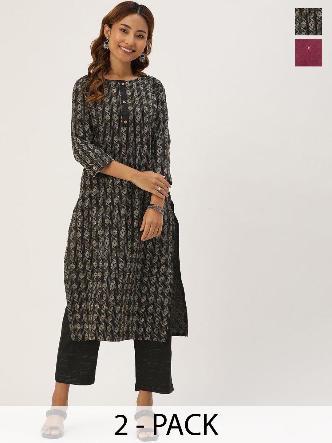 

KALINI Selection Of 2 Geometric Printed Round Neck Straight Kurtas With Trousers, Black