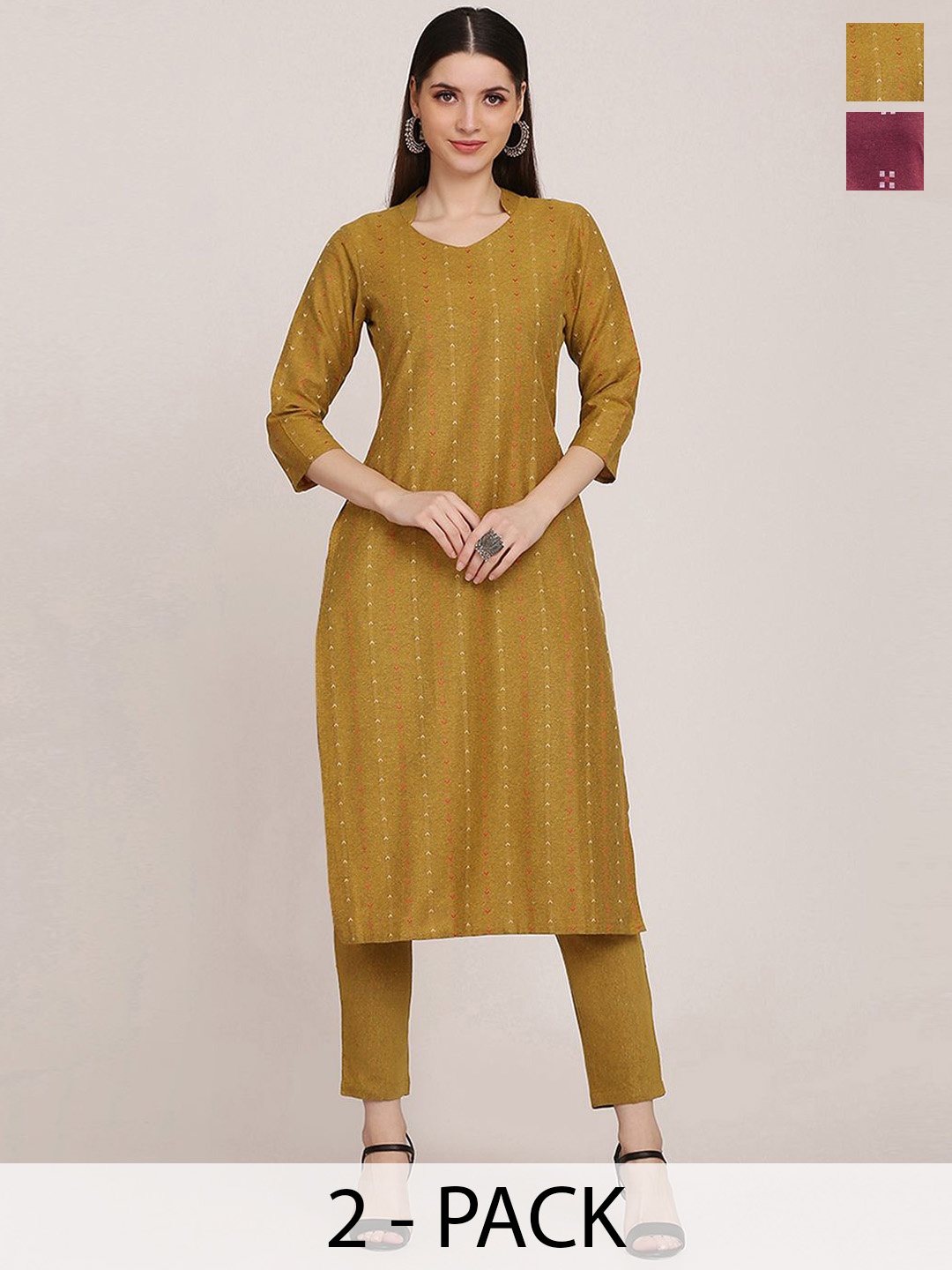 

KALINI Selection Of 2 Floral Printed V-Neck Straight Kurtas With Trousers, Yellow