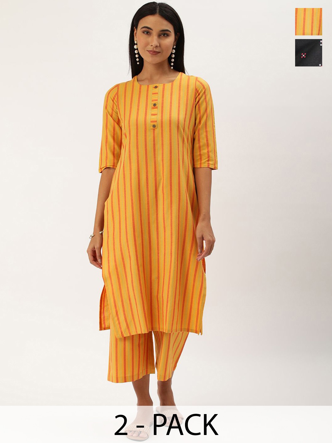 

KALINI Selection Of 2 Striped Round Neck Straight Kurtas With Trousers, Orange