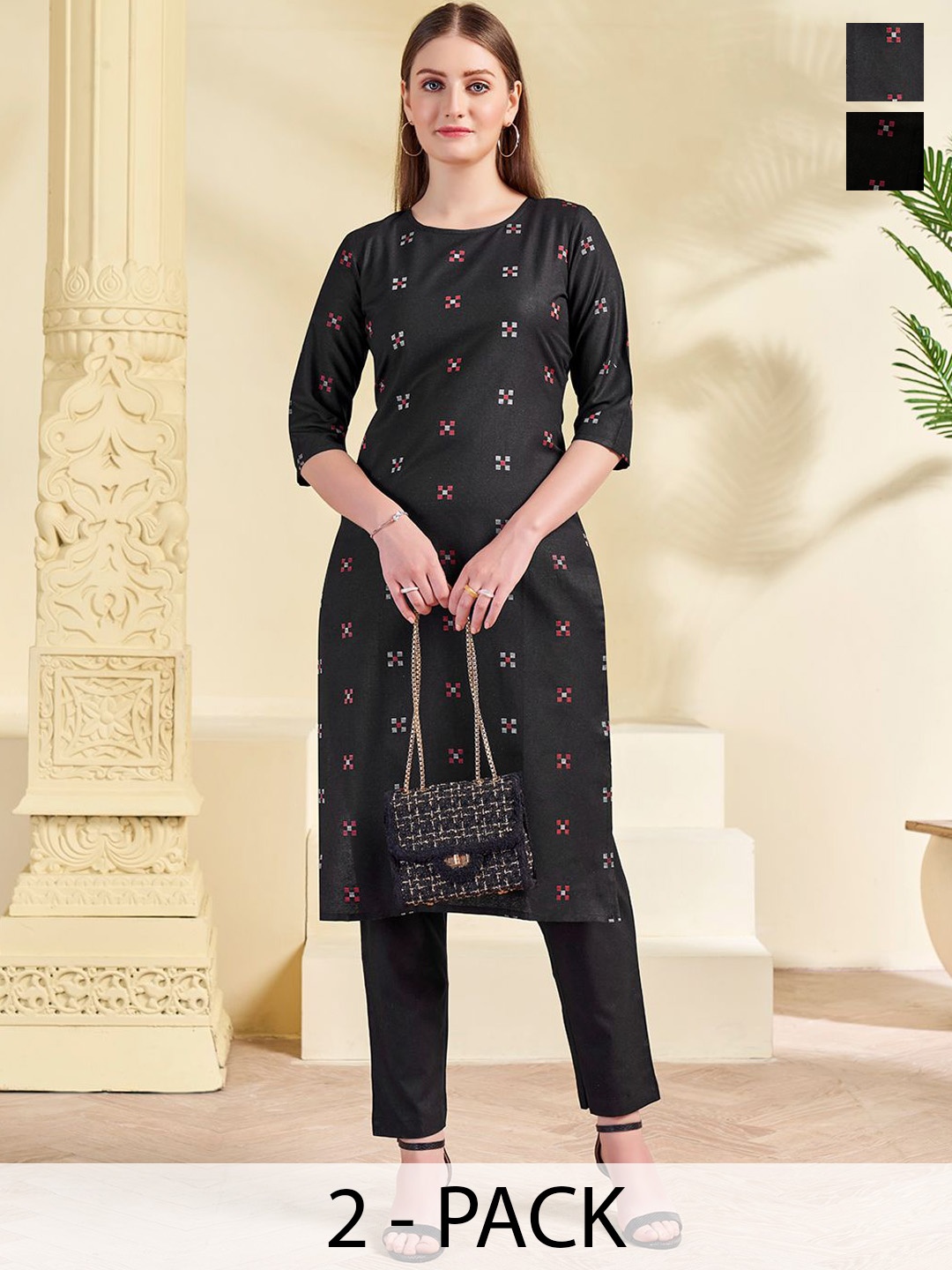 

KALINI Selection Of 2 Geometric Printed Round Neck Straight Kurtas With Trousers, Black