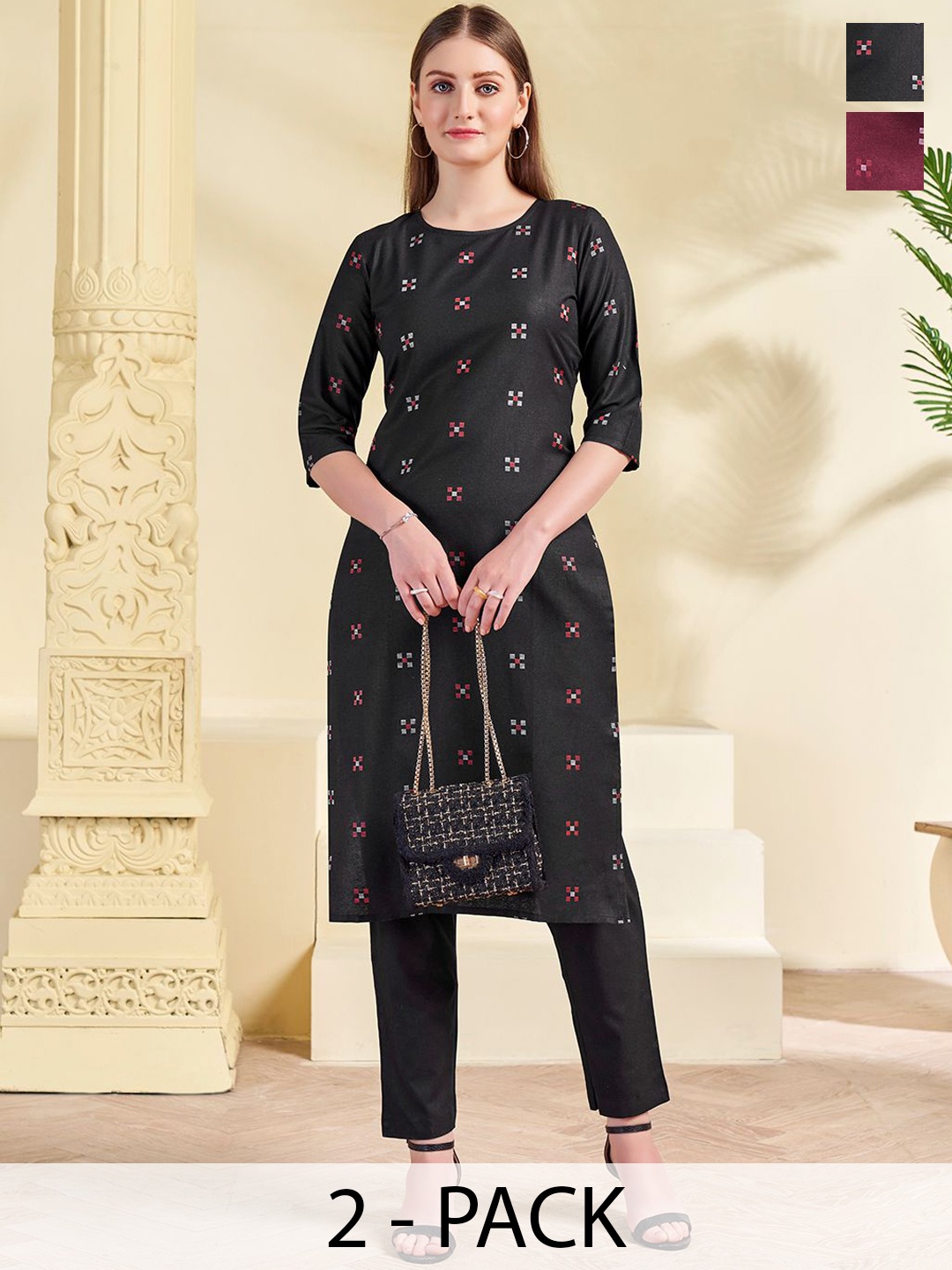 

KALINI Selection Of 2 Geometric Printed Round Neck Straight Kurtas With Trousers, Black