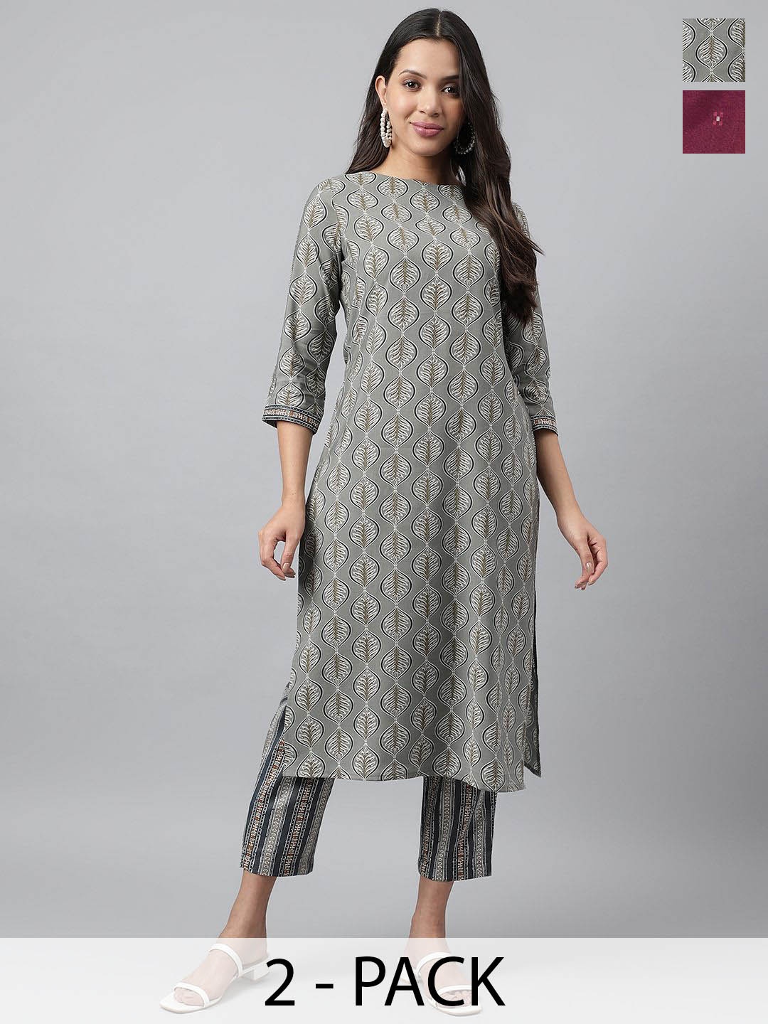 

KALINI Selection Of 2 Ethnic Motifs Printed Round Neck Straight Kurtas With Trousers, Grey