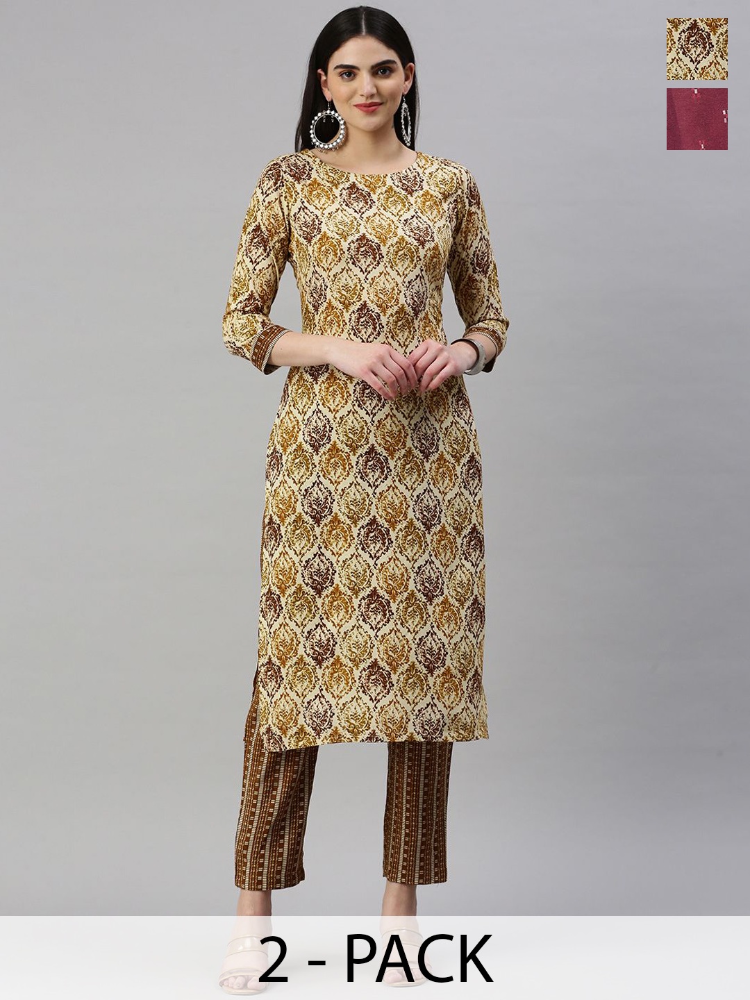 

KALINI Selection Of 2 Floral Printed Round Neck Straight Kurtas With Trousers, Brown