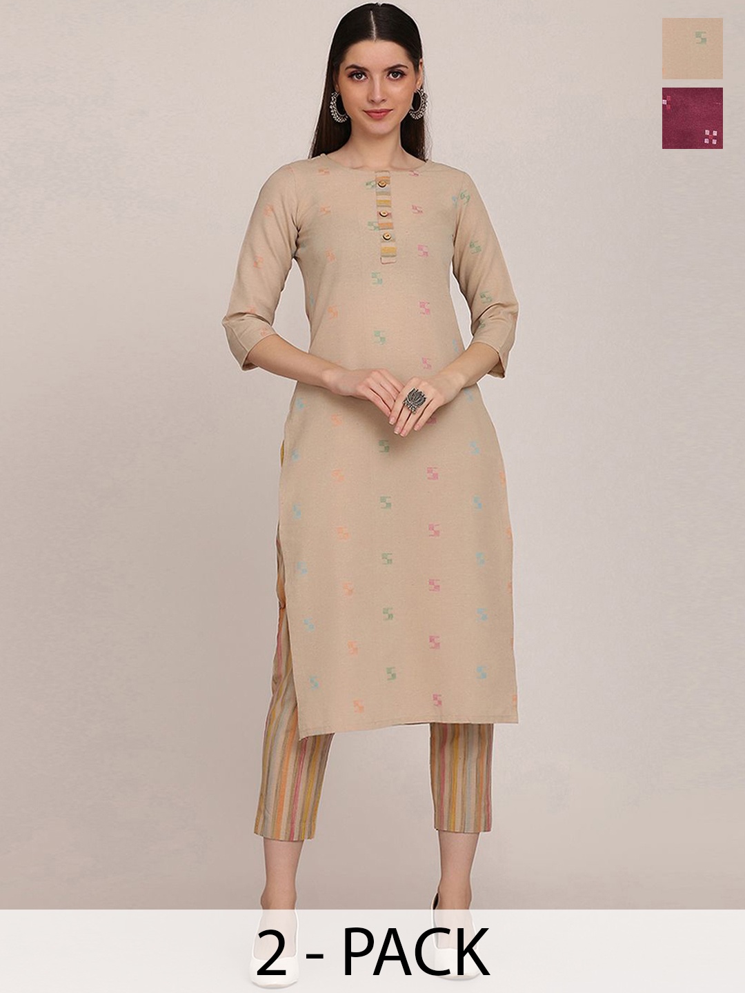 

KALINI Selection Of 2 Geometric Woven Design Round Neck Straight Kurta with Trousers, Beige