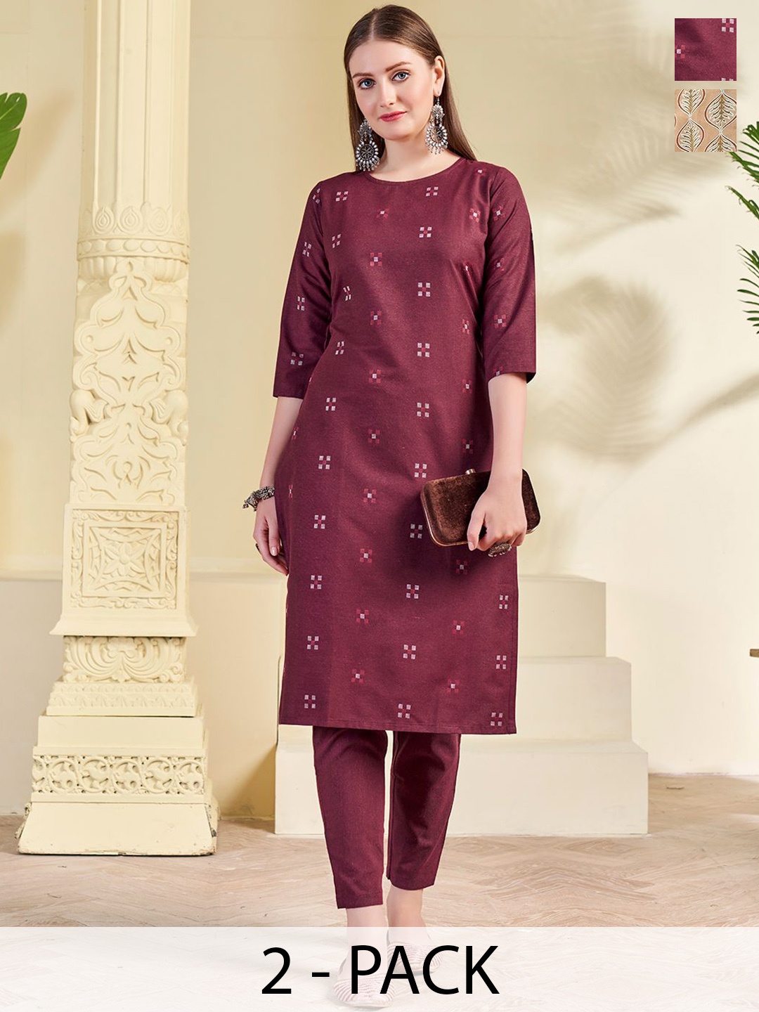 

KALINI Selection Of 2 Geometric Printed Round Neck Straight Kurtas With Trousers, Maroon