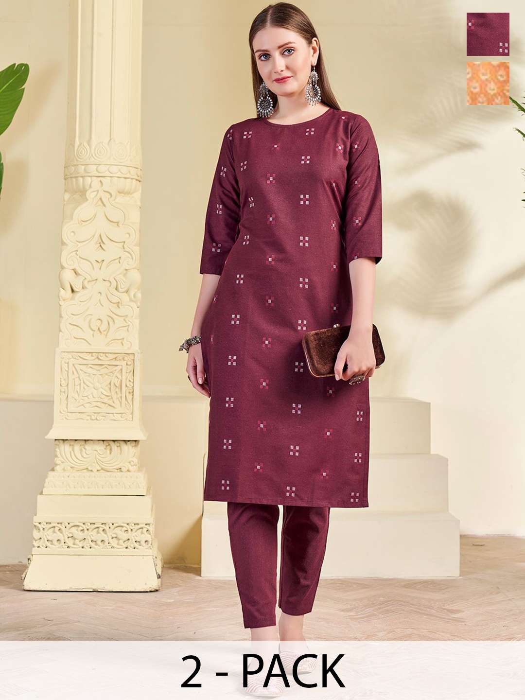 

KALINI Selection Of 2 Geometric Printed Round Neck Straight Kurtas With Trousers, Orange