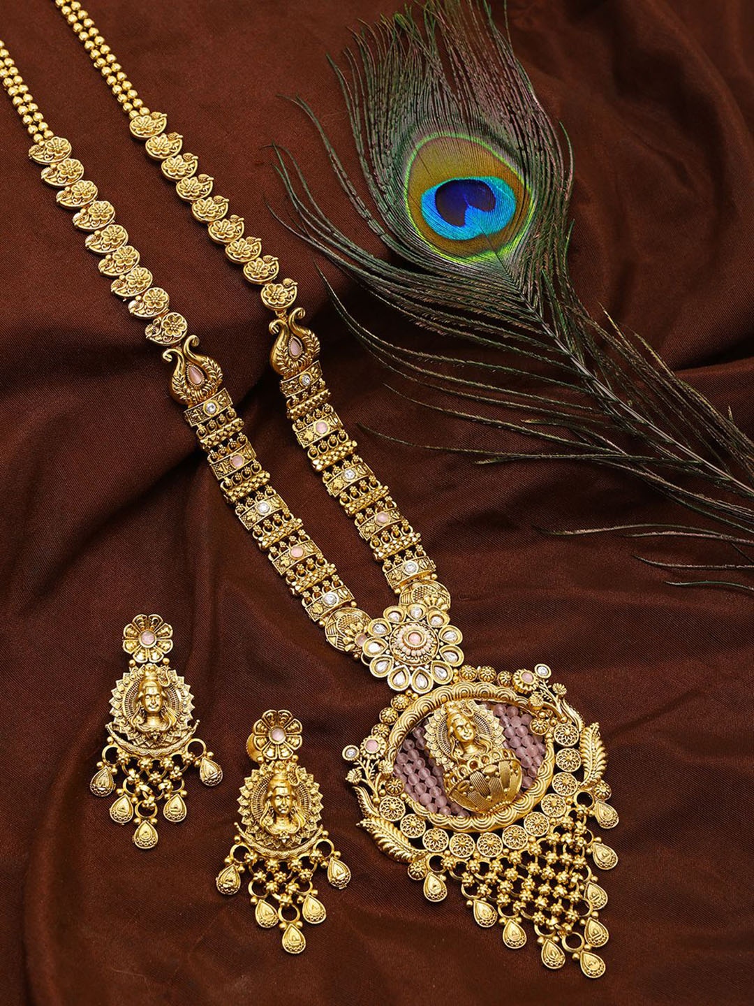 

Exotic India Traditional Lord Shiva Copper Long Necklace Set with Earrings, Gold