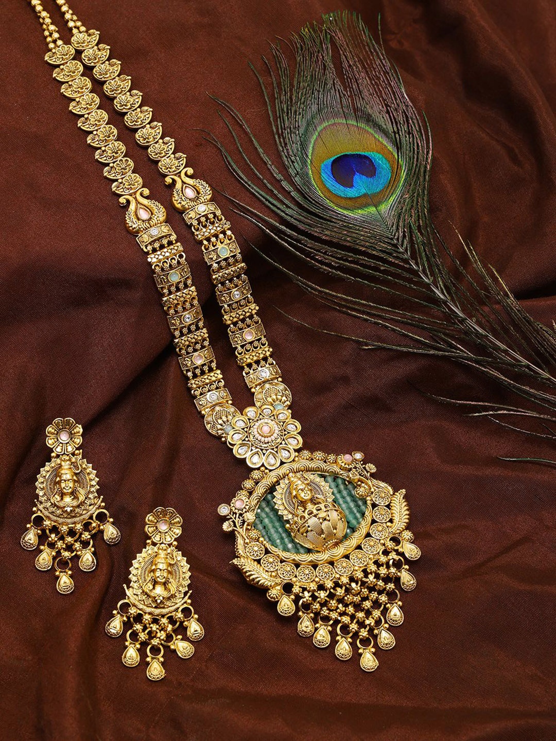 

Exotic India Traditional Lord Shiva Copper Long Necklace Set with Earrings, Gold