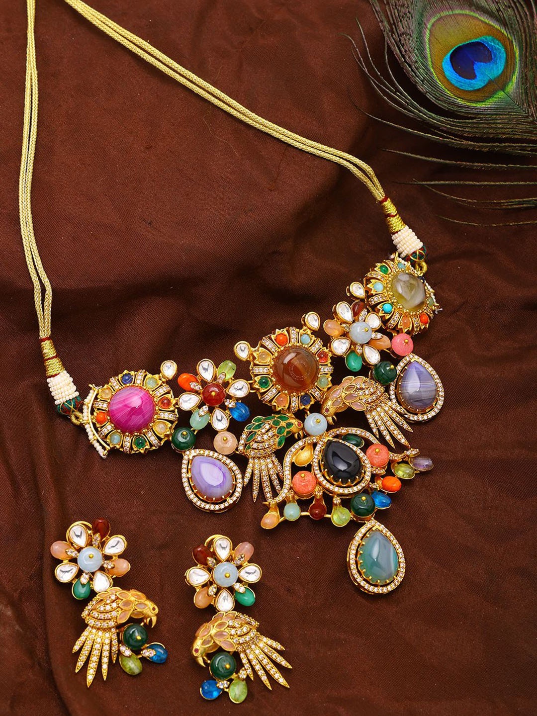 

Exotic India Navratna Necklace and Earrings Set with Real Gemstone, Gold