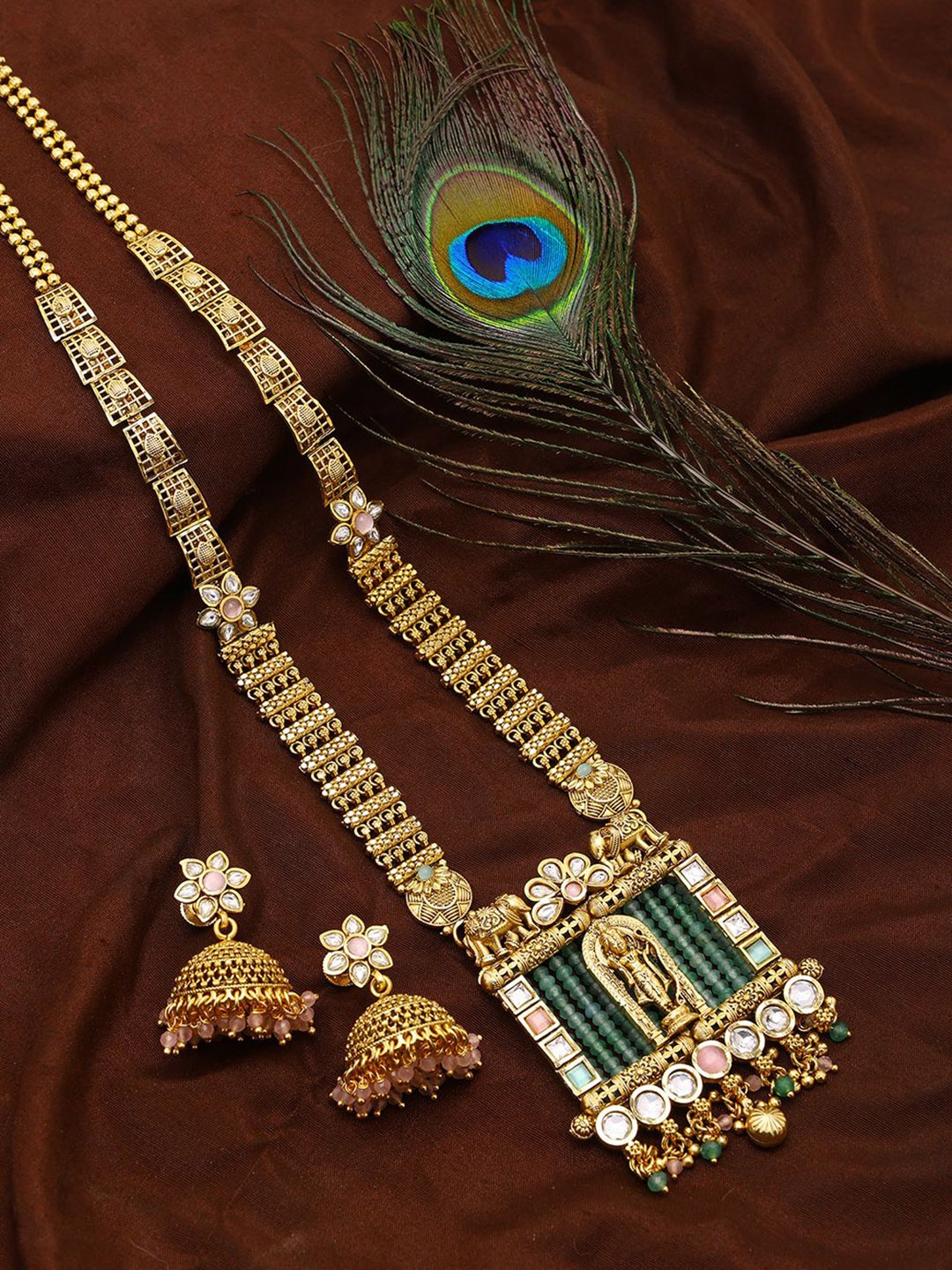 

Exotic India Traditional Lord Rama Long Necklace Set with Earrings, Gold