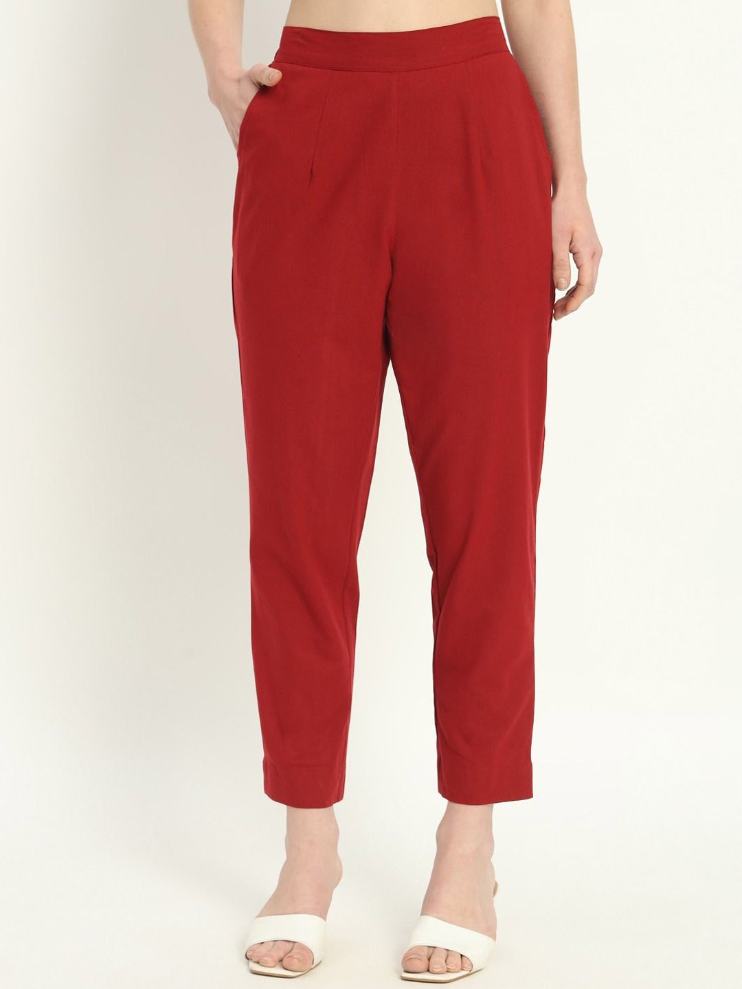 

SKYTICK Women Relaxed Mid-Rise Cotton Cigarette Trouser, Maroon