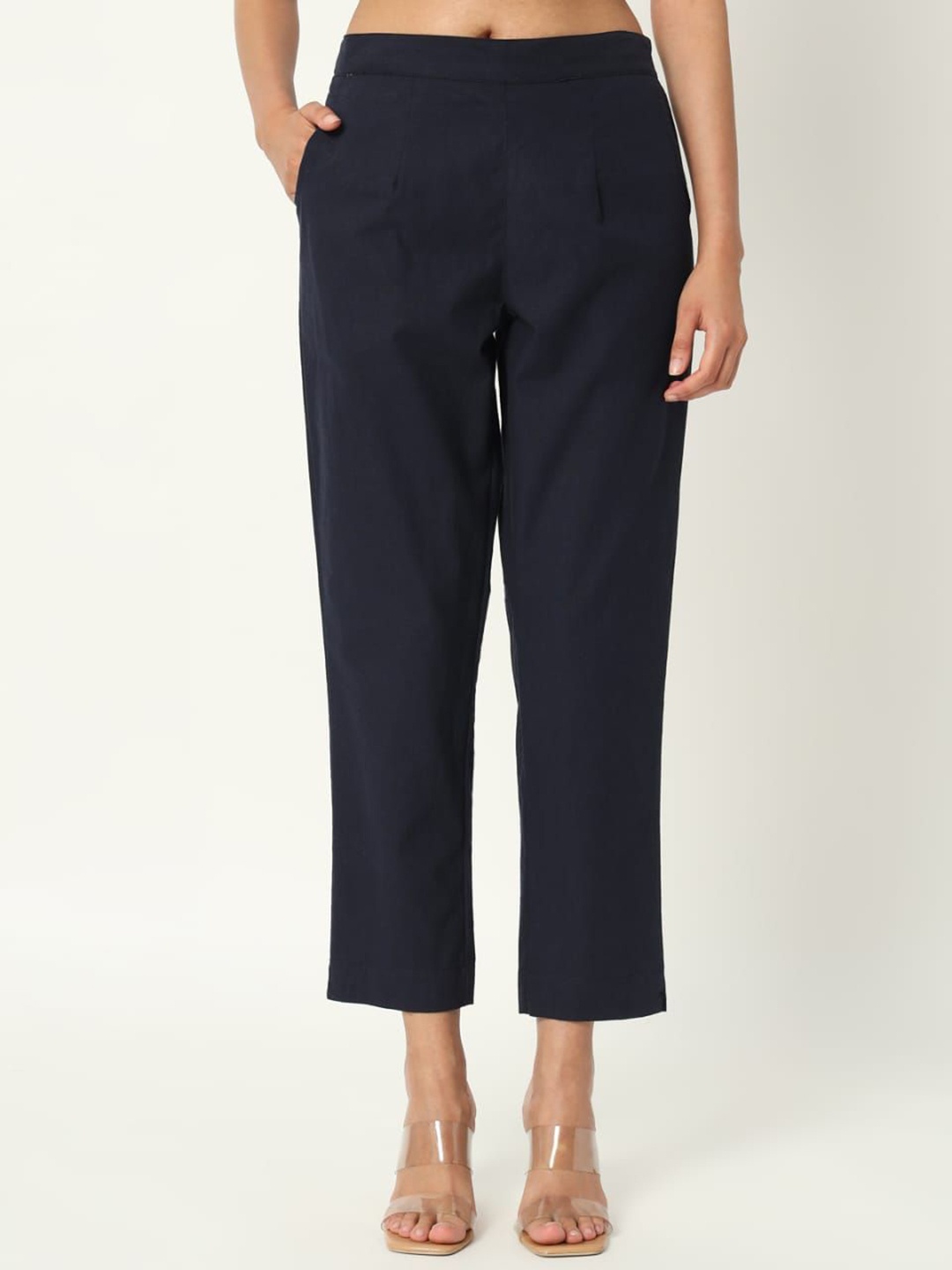 

SKYTICK Women Relaxed Fit Mid-Rise Trousers, Navy blue