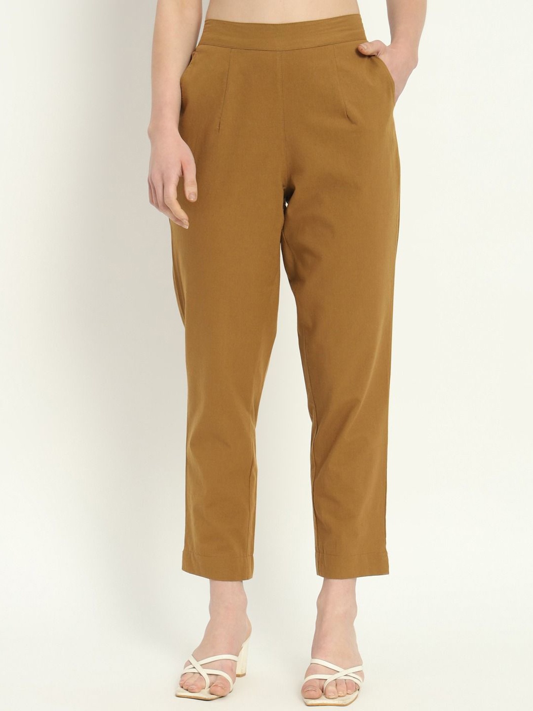 

SKYTICK Women Cotton Relaxed Cigarette Trousers, Brown