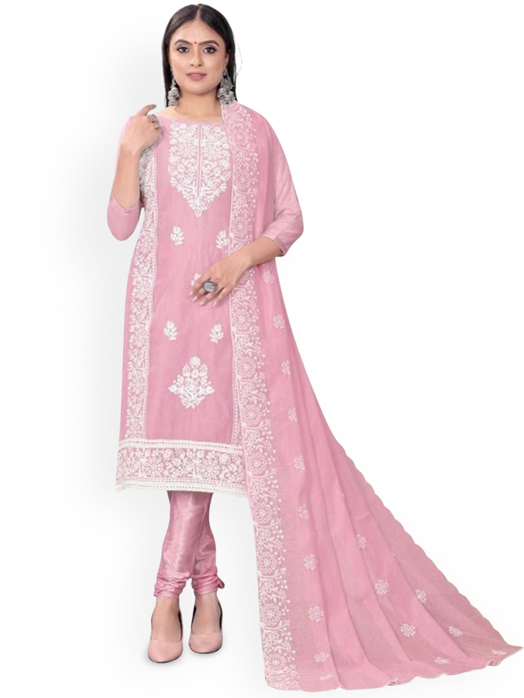 

HMP Fashion Floral Embroidered Chanderi Unstitched Dress Material, Pink