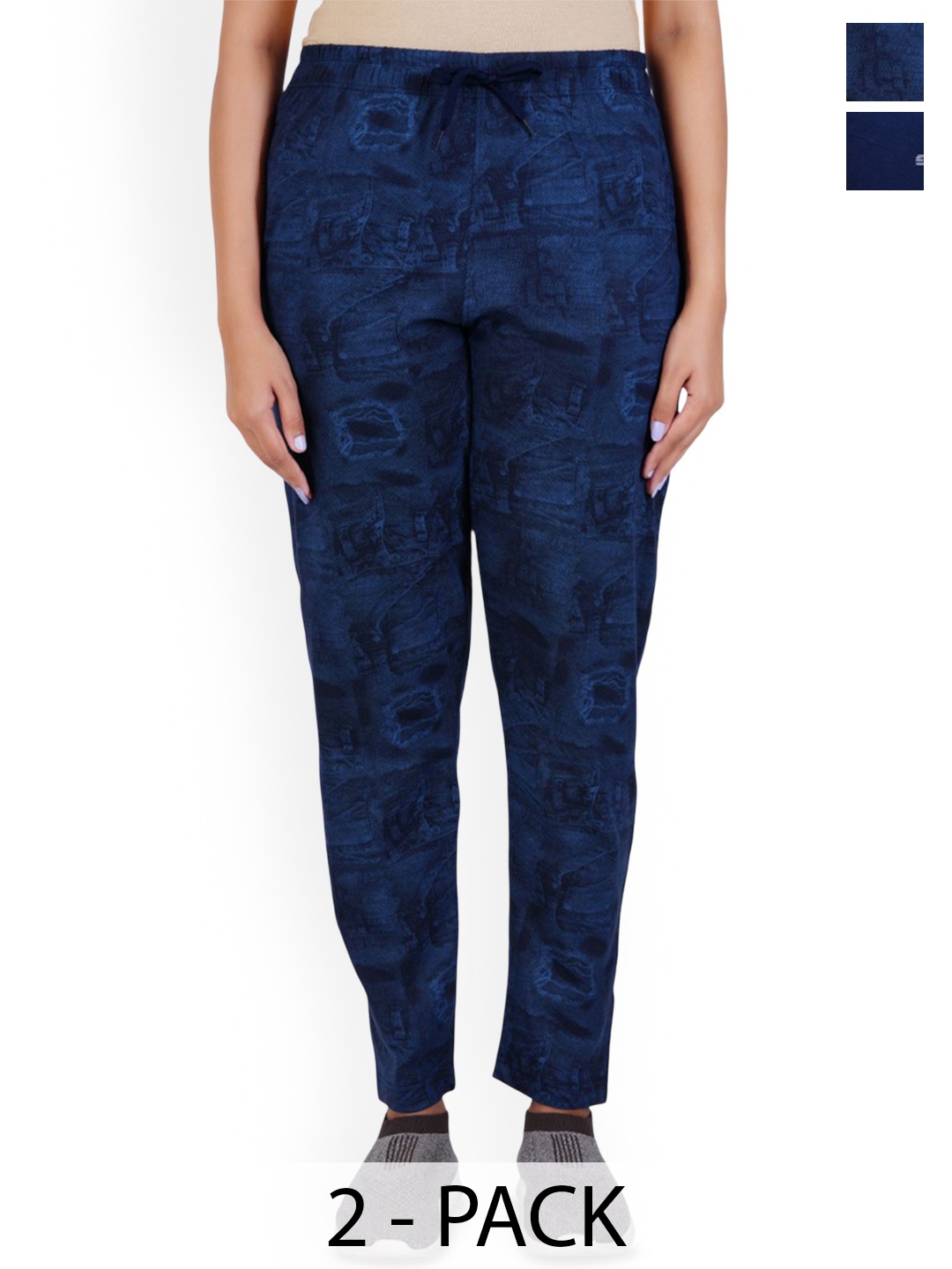 

GUIDE Women Pack Of 2 Printed Mid-Rise Cotton Track Pants, Navy blue