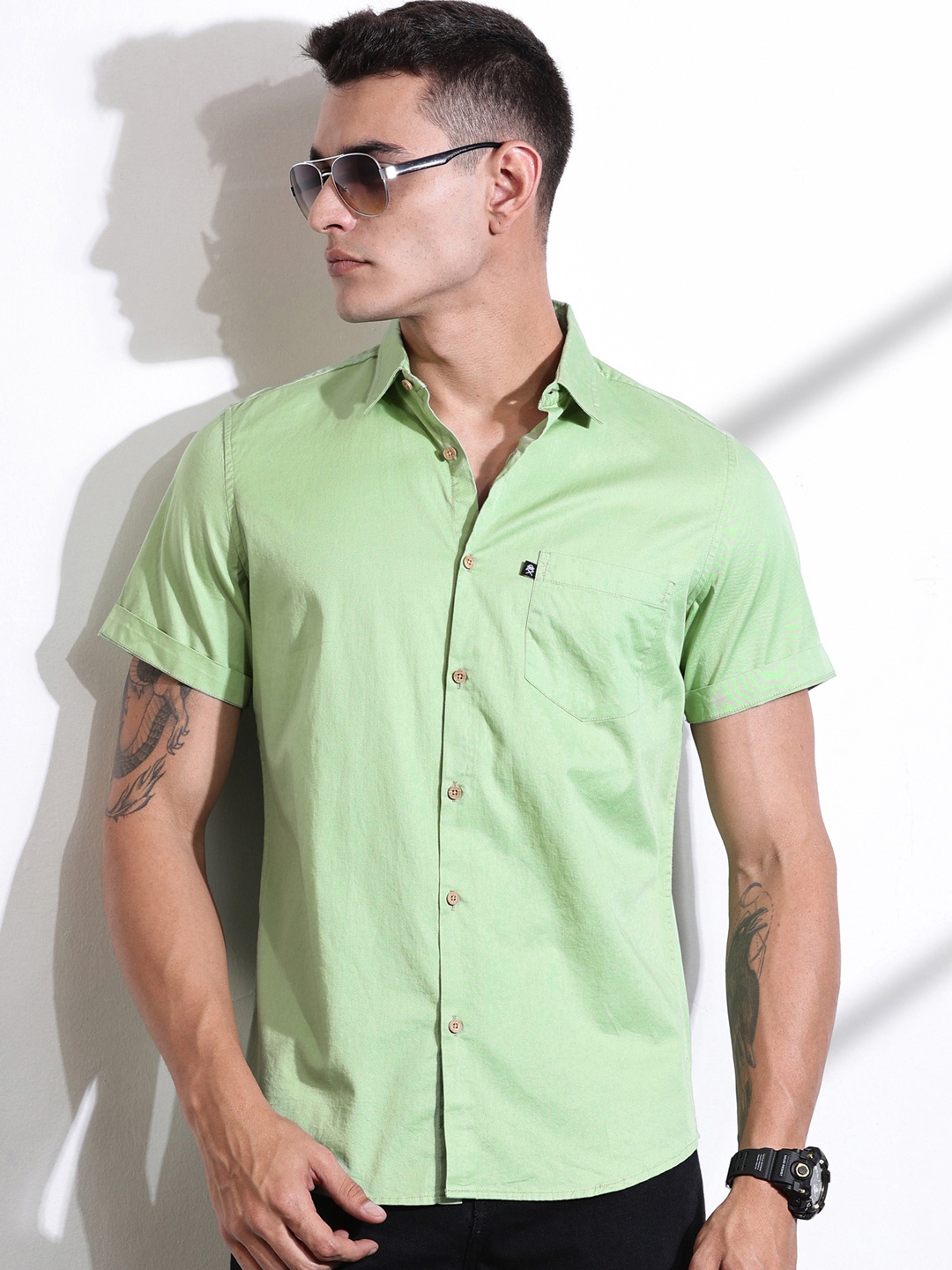 

Thomas Scott Men Classic Slim Fit Spread Collar Solid Cotton Casual Shirt, Green