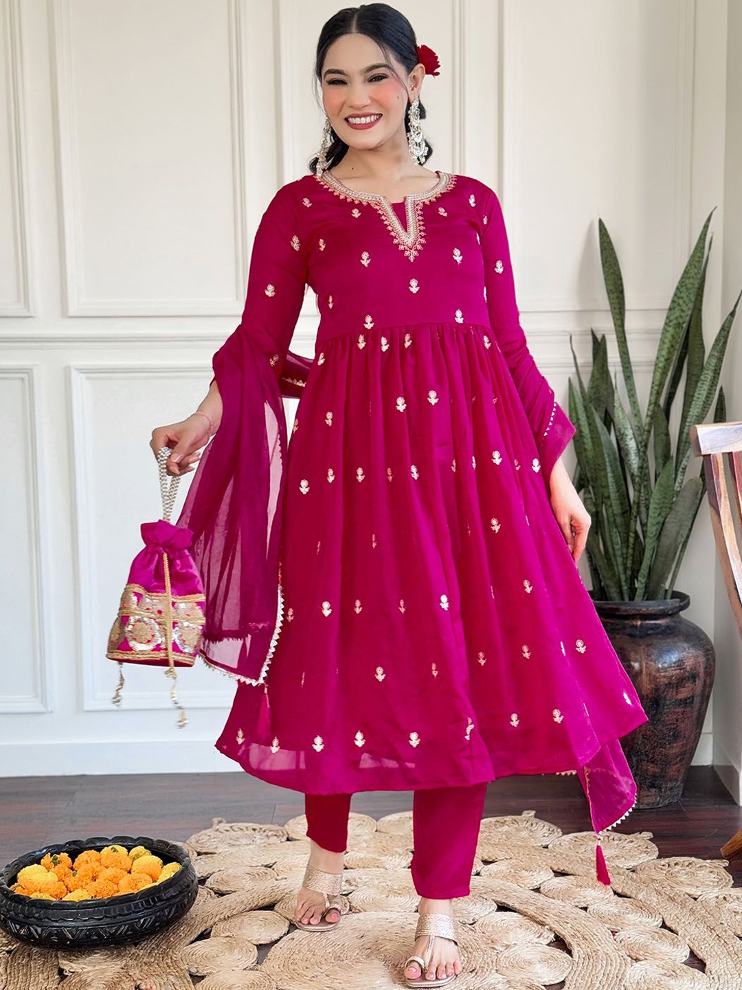 

KALINI Floral Embroidered Thread Work Art Silk Anarkali Kurta With Trousers And Dupatta, Pink