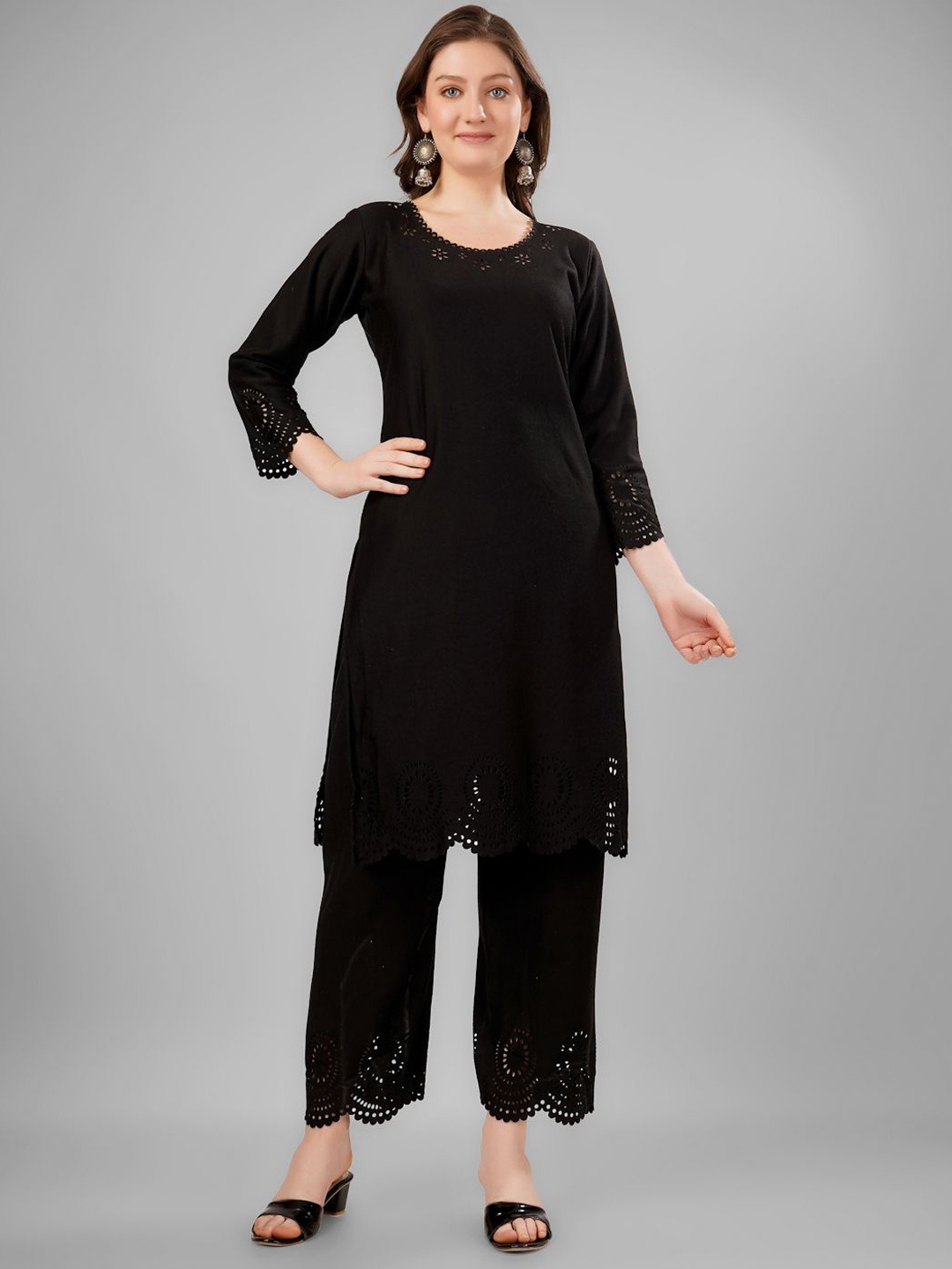 

Zamzamlibas Self Design Pure Wool Straight Kurta With Trouser, Black