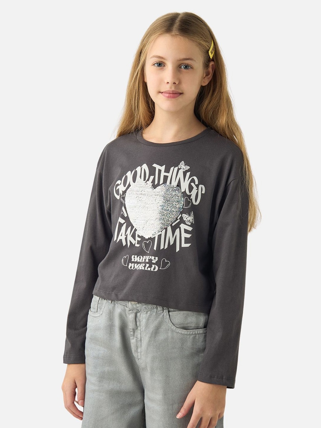 

Juniors by Babyshop Girls Typography Printed Round Neck Cotton T-shirt, Grey
