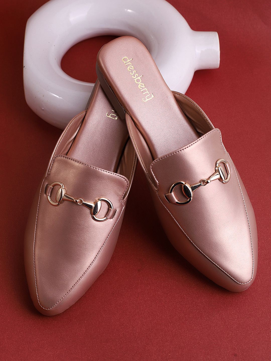 

DressBerry Women Mules with Buckles Flats, Rose gold