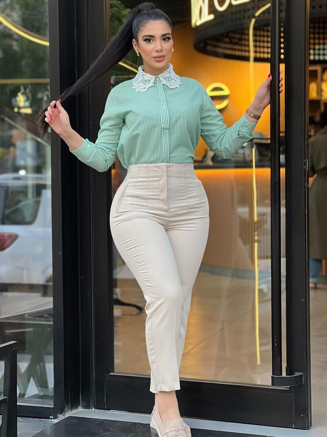 

HIGH BUY Women Pencil Skinny Fit High-Rise Pleated Trousers, Beige
