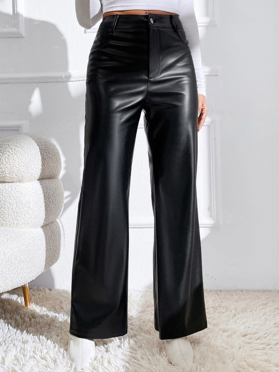 

HIGH BUY Women Relaxed Straight Leg Leather Straight Fit High-Rise Trousers, Black