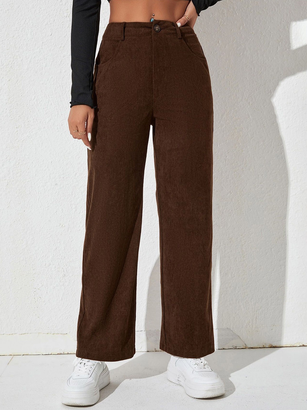 

HIGH BUY Women Relaxed Straight Leg Straight Fit High-Rise Corduroy Trousers, Brown