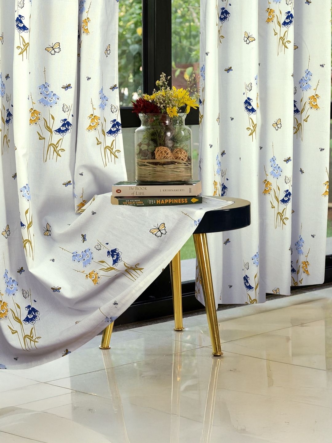Cortina White & Blue 2 Pieces Ethnic Motifs Printed Window Curtains