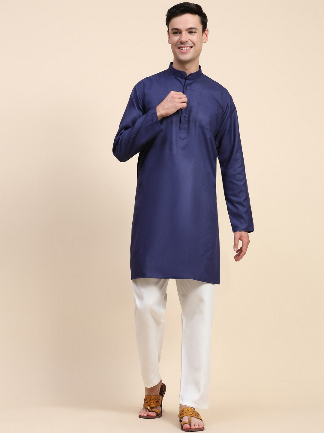 

Moda Rapido Band Collar Straight Pure Cotton Kurta With Pyjamas, Navy blue