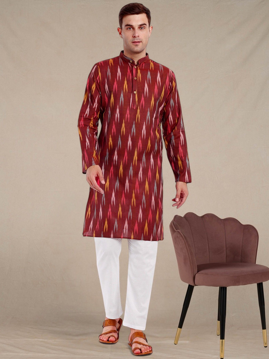 

Moda Rapido Geometric Printed Band Collar Straight Pure Cotton Kurta With Pyjamas, Maroon