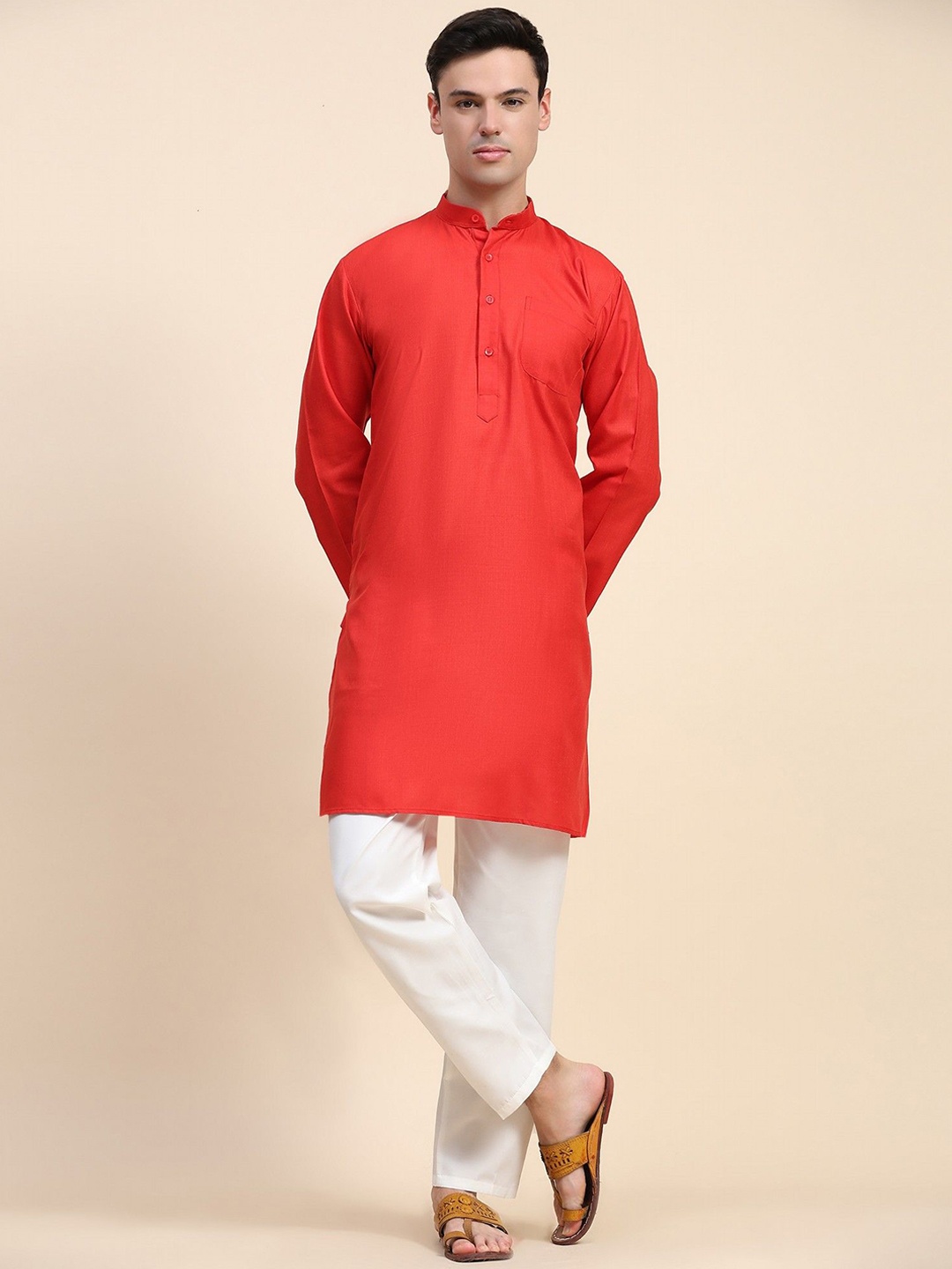 

Moda Rapido Band Collar Pure Cotton Kurta With Pyjamas, Red