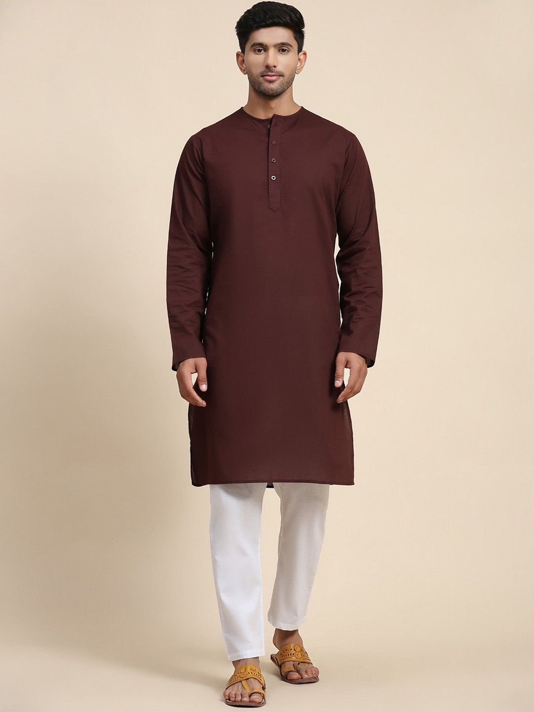 

Moda Rapido Round Neck Straight Pure Cotton Kurta With Pyjamas, Brown
