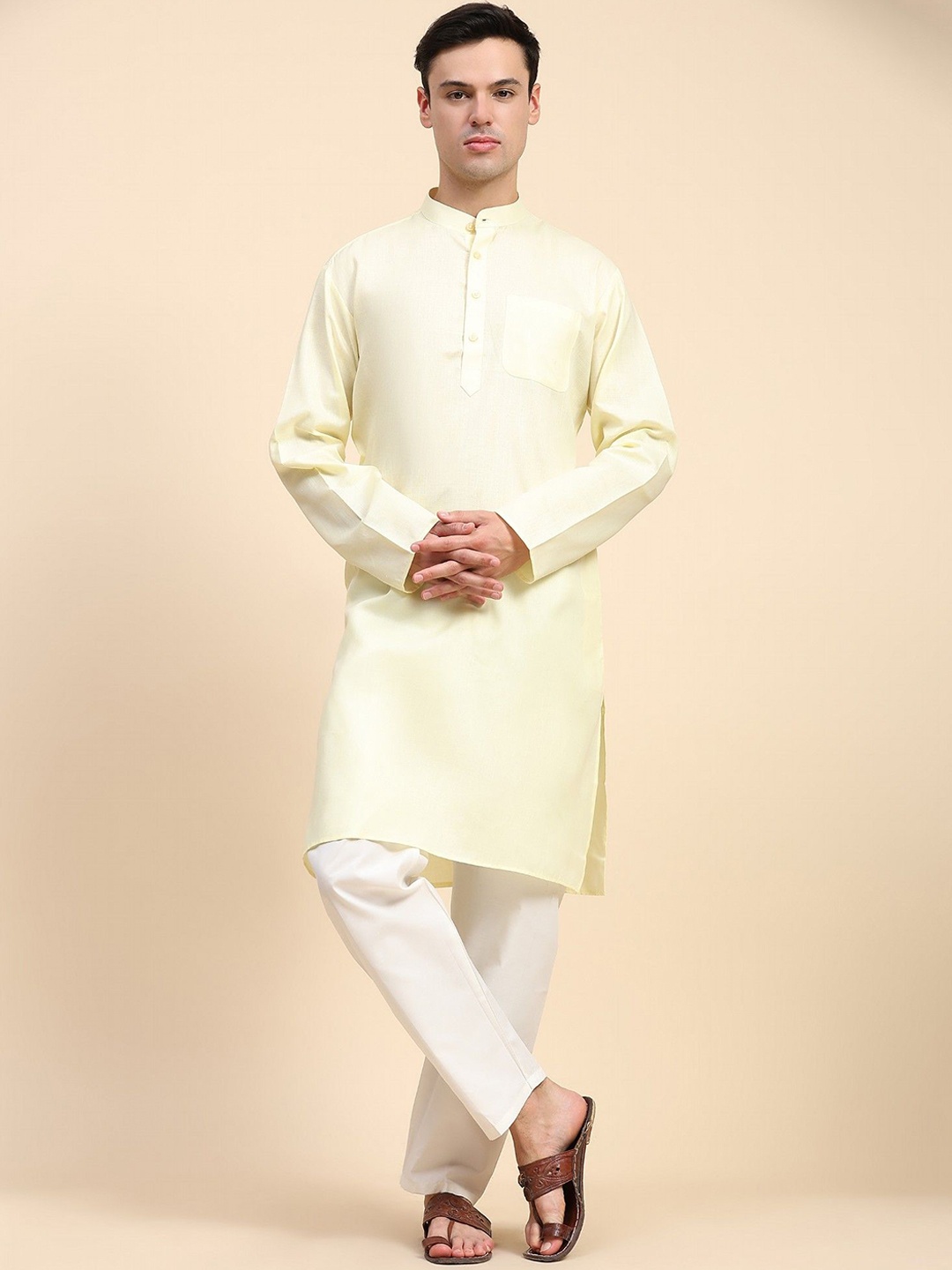 

Moda Rapido Band Collar Straight Pure Cotton Kurta With Pyjamas, Beige