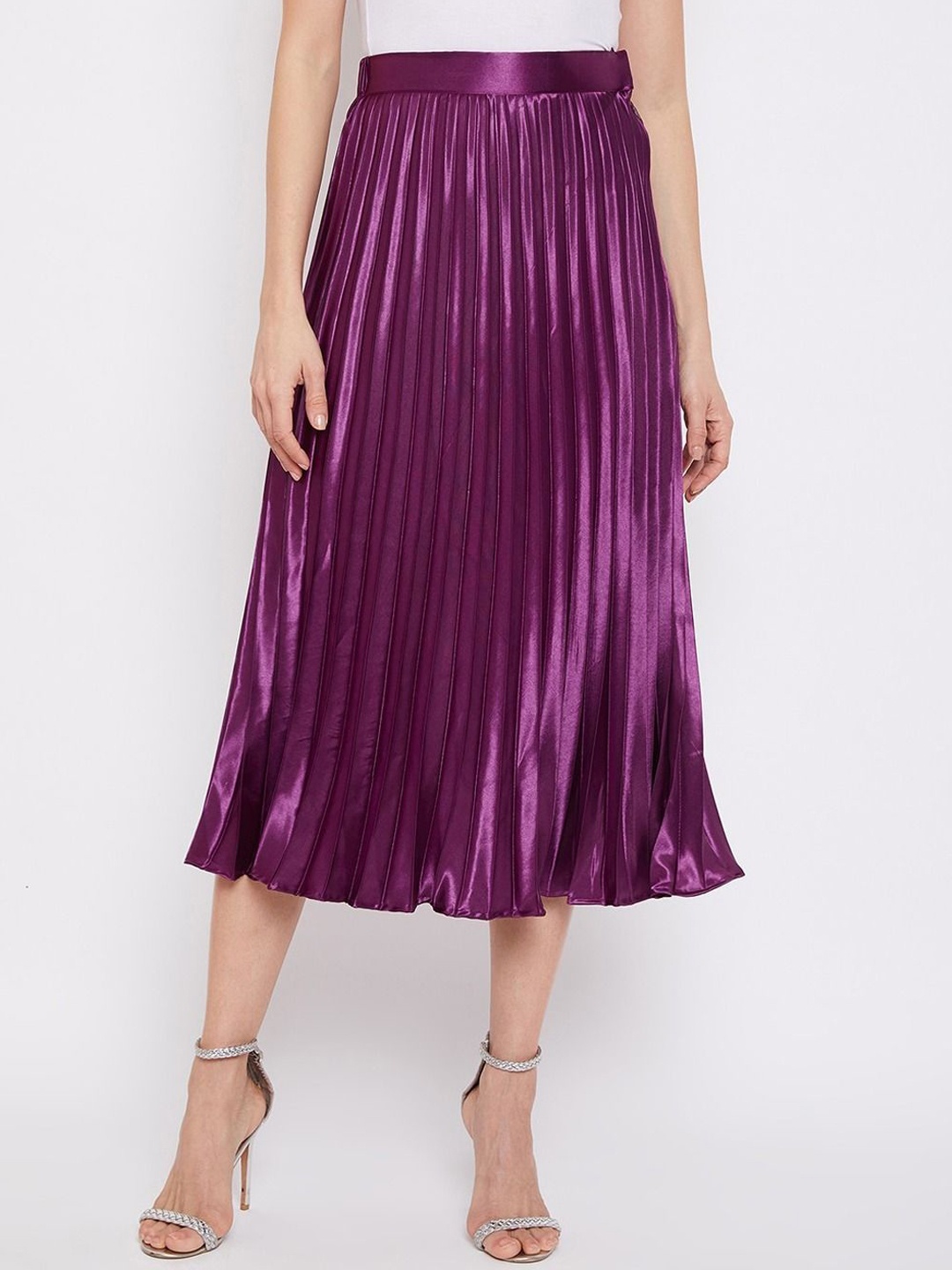 

ZWERLON Women A-Line Pleated Flared Satin Midi Skirt, Purple