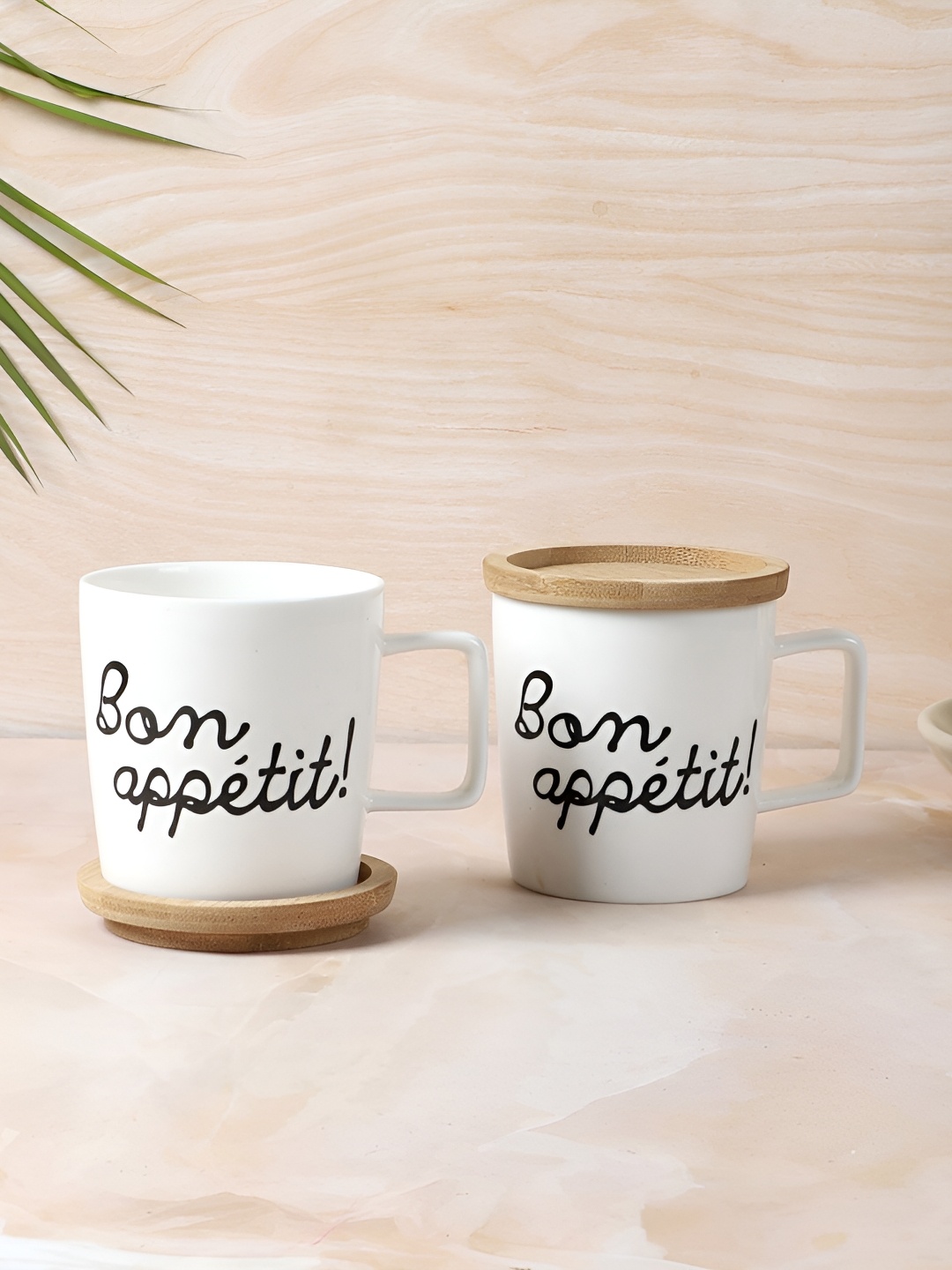 

NATURALLY YOURS White & Black Printed Porcelain Glossy Mugs With Bamboo Lid 215 ml