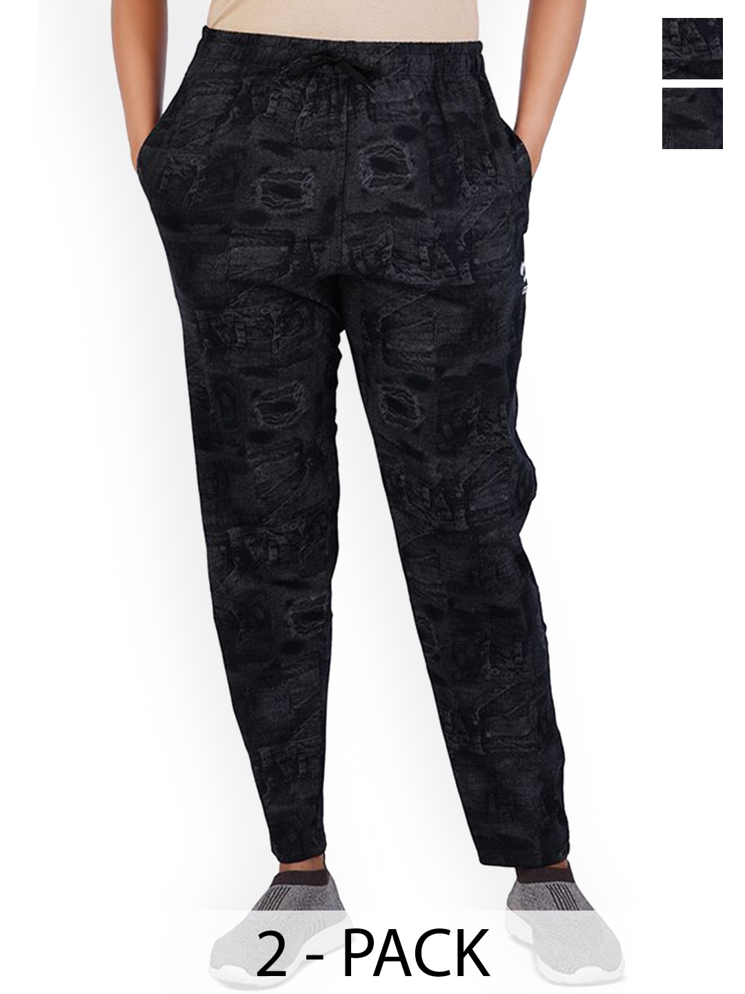 

GUIDE Women Pack Of 2 Printed Mid-Rise Cotton Track Pants, Black