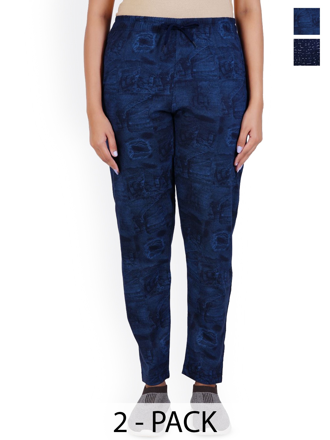 

GUIDE Women Pack Of 2 Printed Cotton Mid-Rise Track Pant, Navy blue