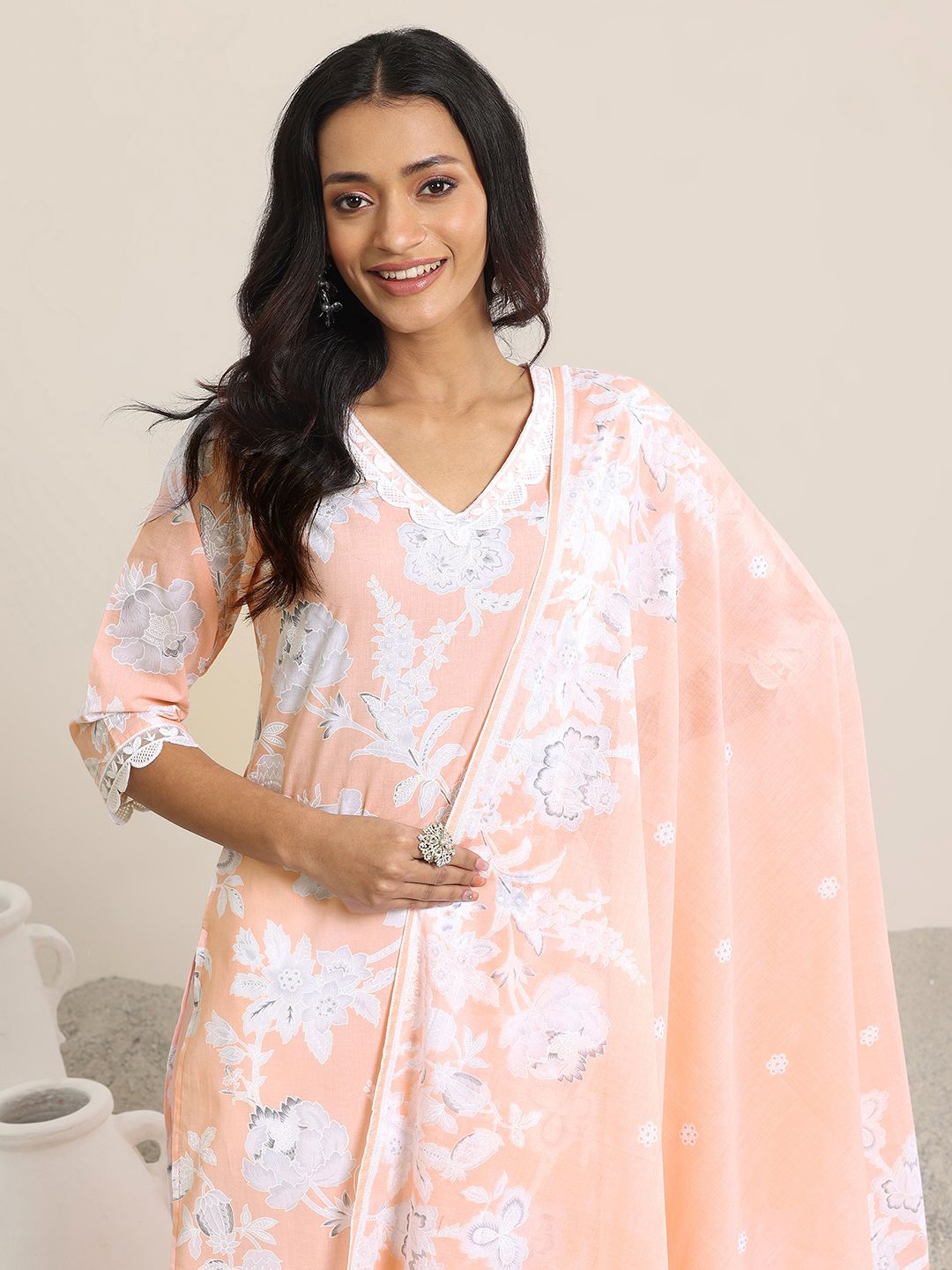 

Libas Floral Printed V-neck Straight Kurta With Trousers And Dupatta, Peach