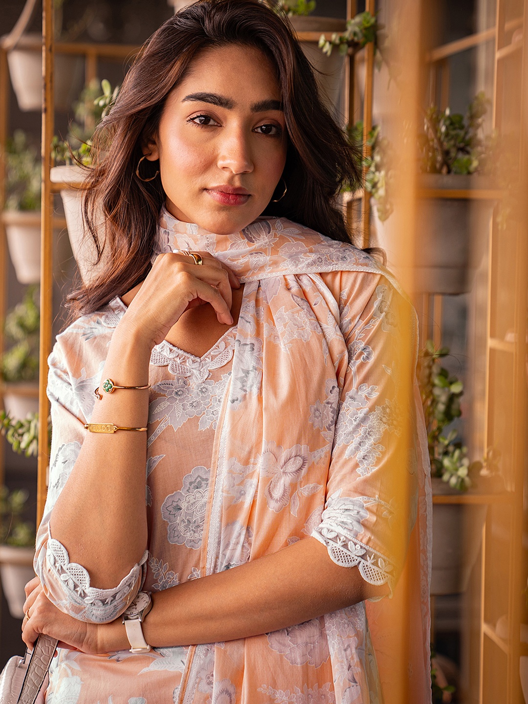 

Libas Floral Printed V-neck Straight Kurta With Trousers And Dupatta, Peach