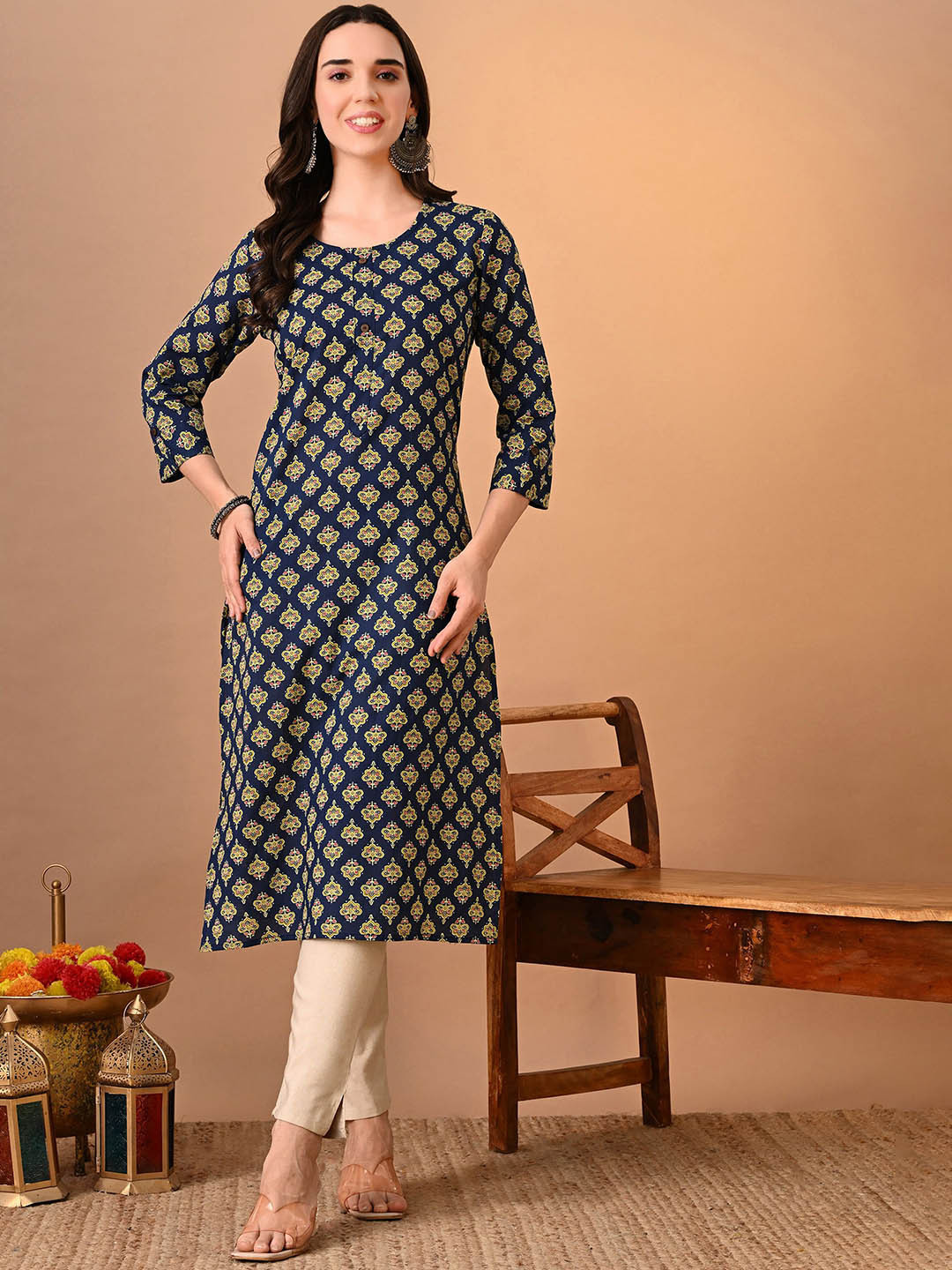 

RAJPUTANA CAMISA Ethnic Motifs Printed Round Neck Cotton Straight Kurta, Navy blue