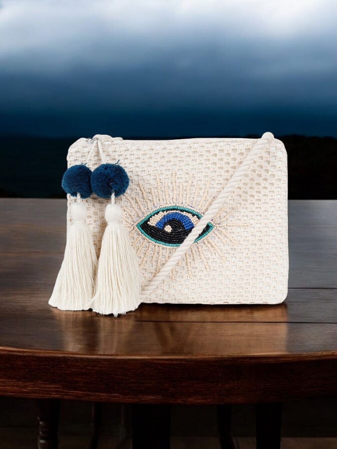 

ASTRID Evil Eye Handbeaded Embellished Structured Cotton Sling Bag, White