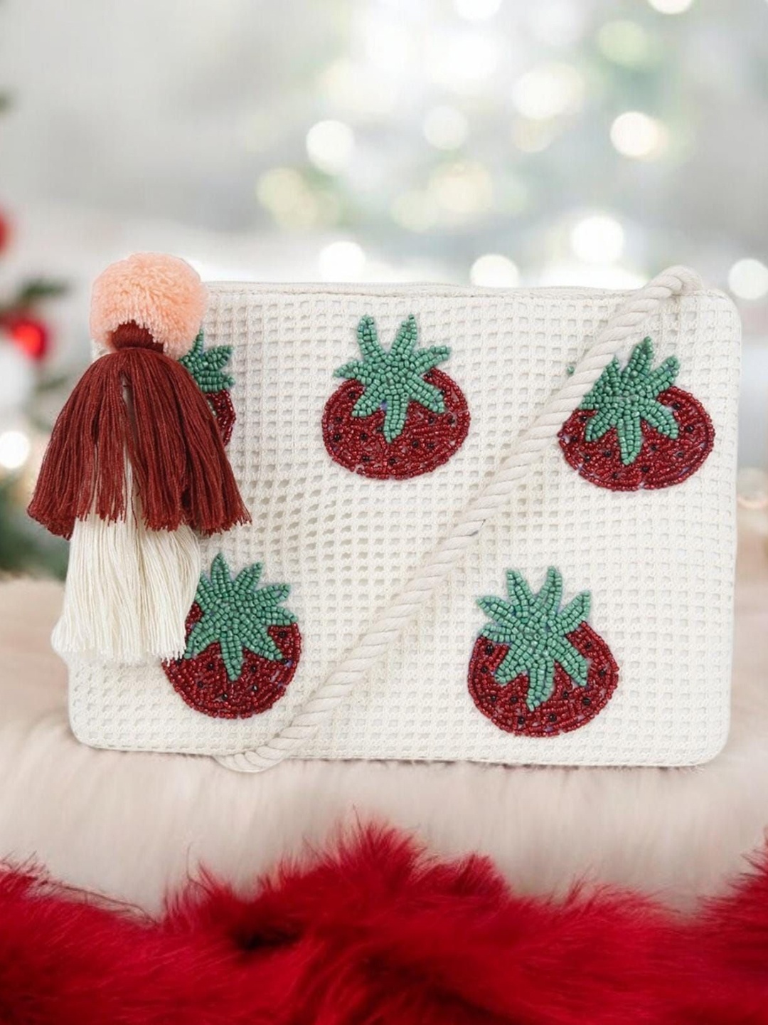 

ASTRID Tomato Handbeaded Embellished Structured Cotton Sling Bag, White