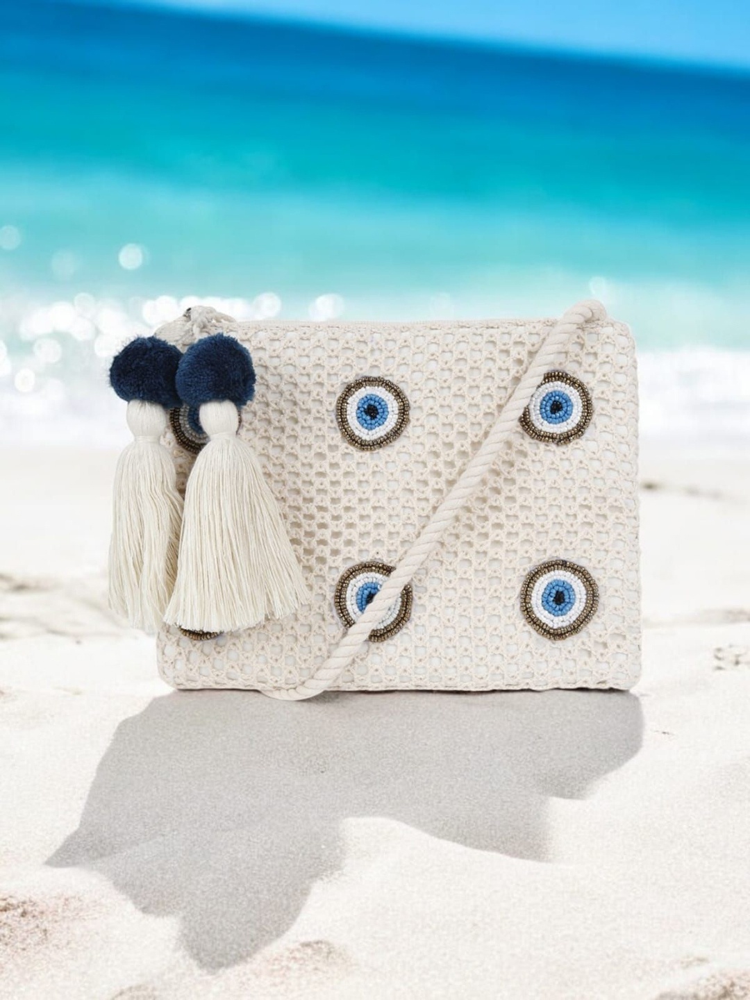 

ASTRID Evil Eye Handbeaded Embellished Structured Cotton Sling Bag, White