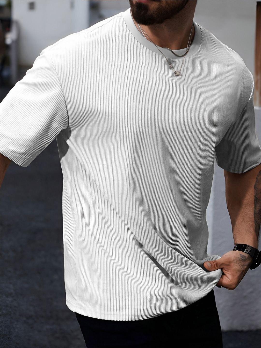 

madfrog Men Self Design Round Neck Cotton Relaxed Fit T-shirt, White