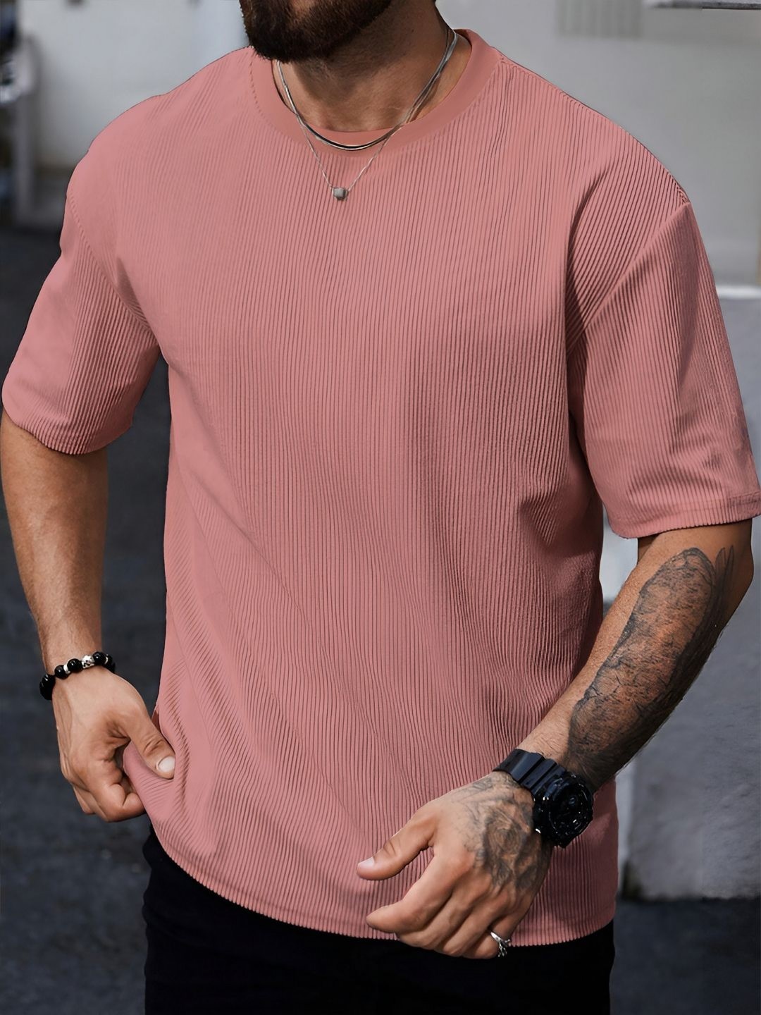 

madfrog Men Self Design Round Neck Cotton Relaxed Fit T-shirt, Peach