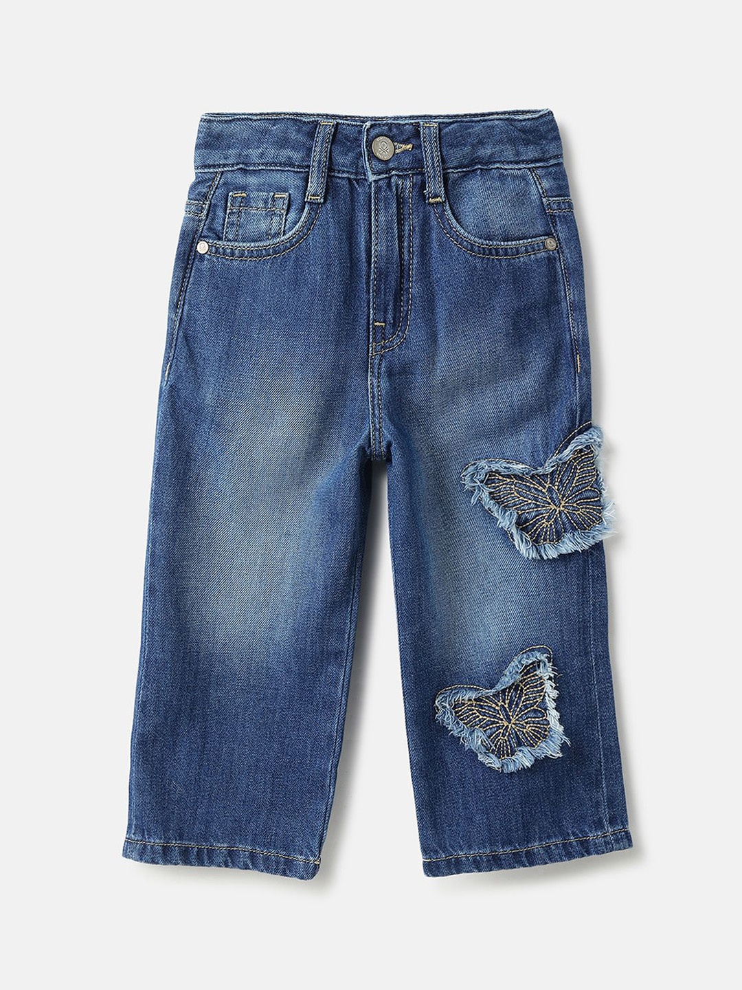 

United Colors of Benetton Girls Wide Leg Mid-Rise Highly Distressed Cotton Jeans, Blue