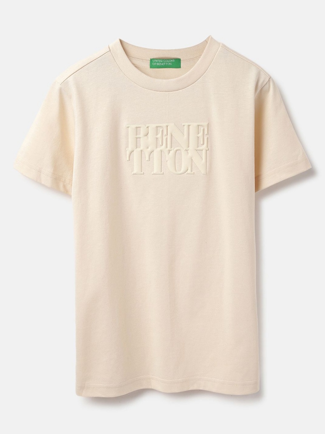 

United Colors of Benetton Boys Typography Printed Round Neck Pure Cotton T-shirt, Cream