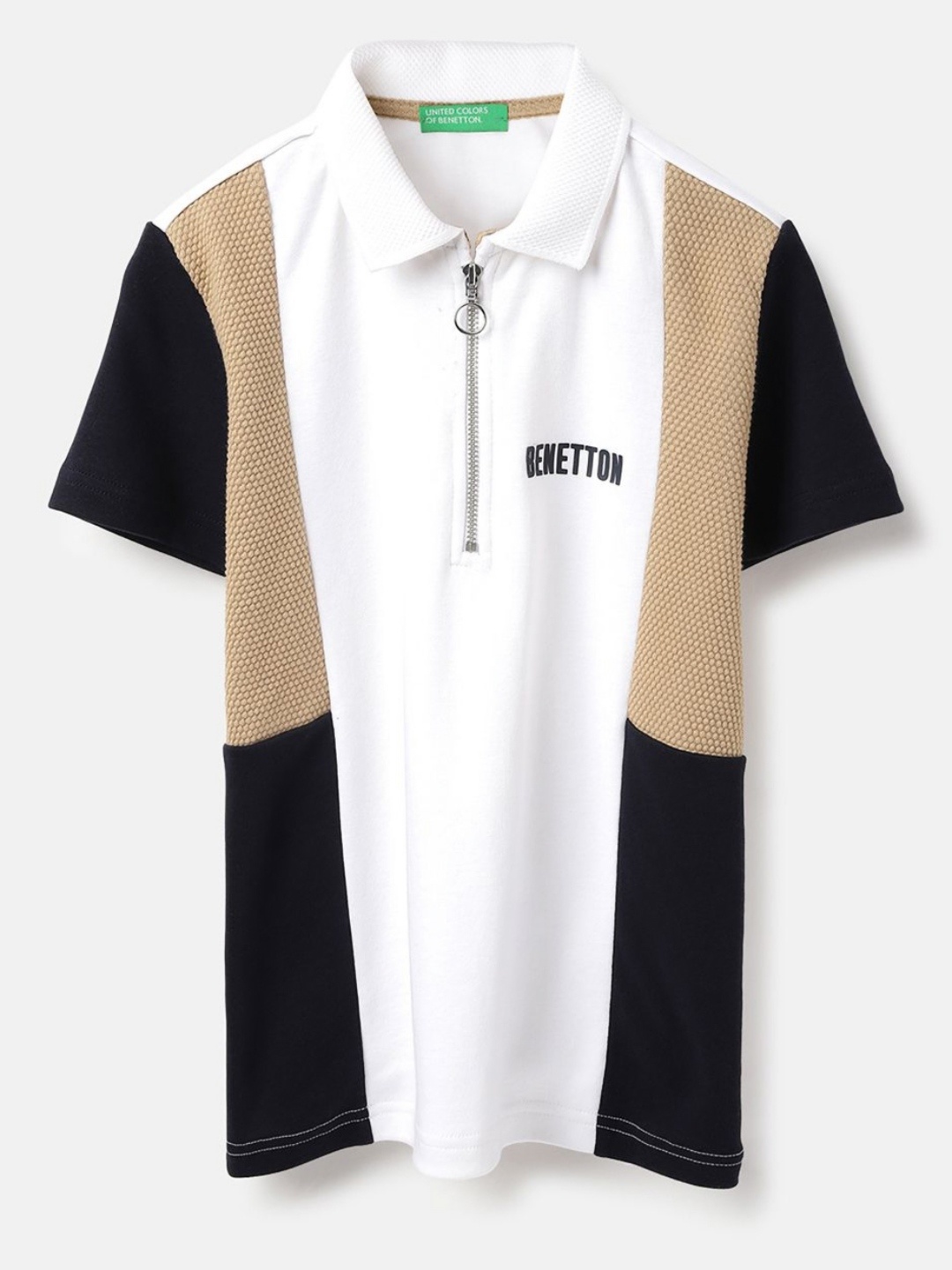 United Colors of Benetton Boys Colourblocked Polo Collar Pure Cotton T-shirt, White