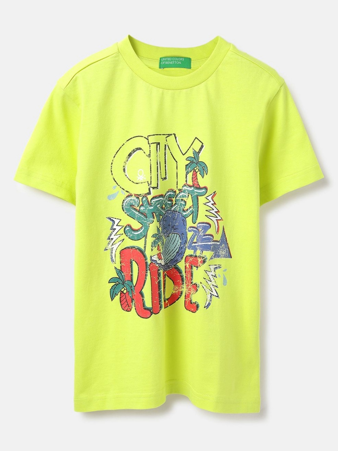 

United Colors of Benetton Boys Typography Printed Round Neck Pure Cotton T-shirt, Lime green