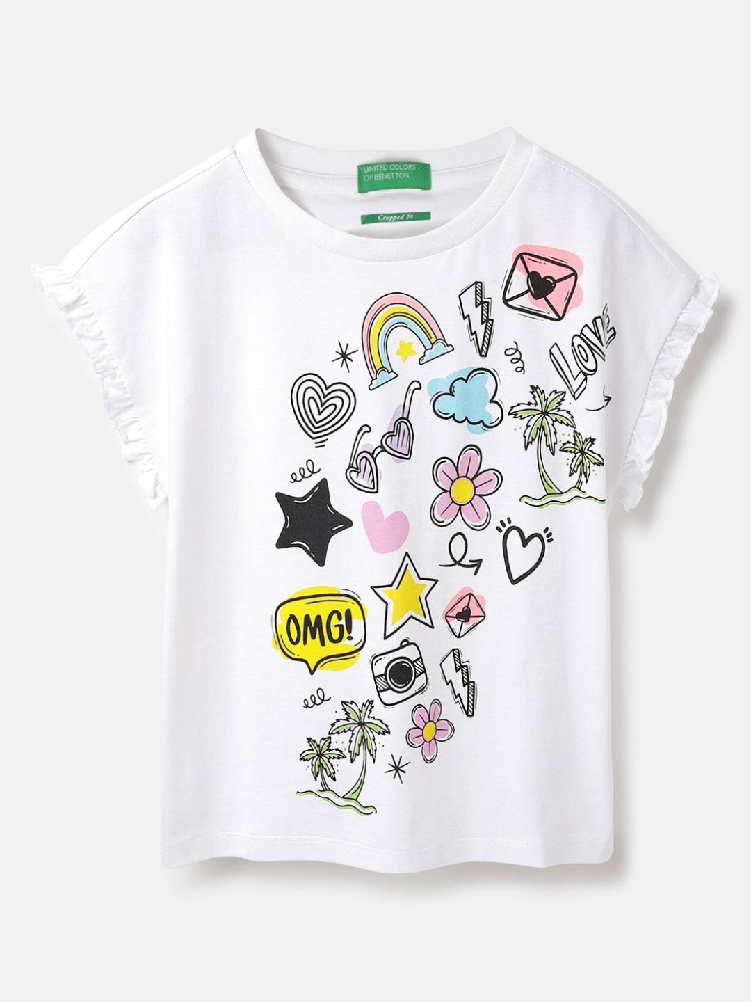United Colors of Benetton Girls Graphic Printed Round Neck T-shirt, White
